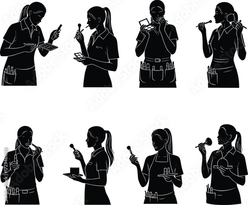 Makeup artist silhouettes, beauty, cosmetology, cosmetics, fashion, woman, mirror, brush, lipstick, professional
