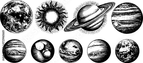 Vintage heliocentric solar system engraving collection for retro design