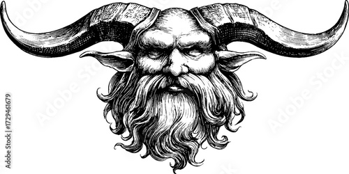 Engraved illustration of horned mythical creature head for fantasy design projects