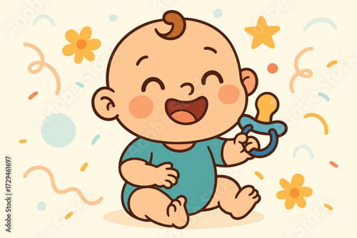 Adorable happy baby boy with pacifier and confetti celebrating a special occasion