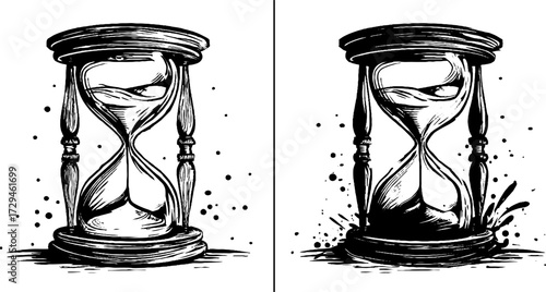 Vintage hourglass set with hand drawn engraving for retro design projects