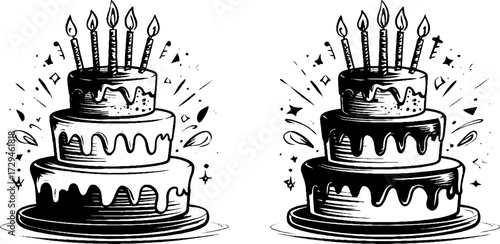 Vintage engraved illustration of a layered birthday cake with candles, festive dessert in classic decorative style.
