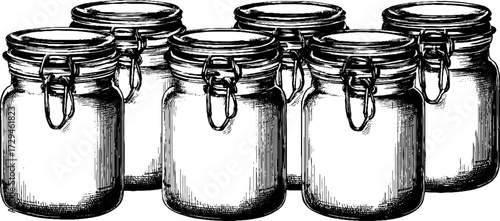 Vintage kitchen storage jars collection engraving for retro design and decor
