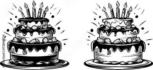 Vintage hand drawn illustration of layered birthday cake celebration design for cards and posters