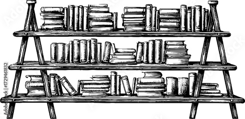 Vintage engraved illustration of library shelf with books for retro design