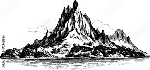 Engraved illustration of island topography featuring mountainous landscape for design