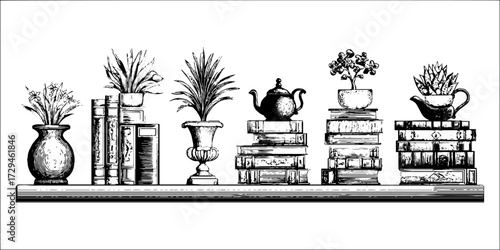 Vintage engraving of library shelf with books and decorative ornaments for home decor