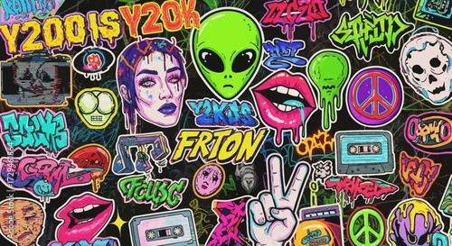 A Vibrant Collage of 2000s Nostalgia Featuring Aliens Peace Signs and Retro Cassette Tapes