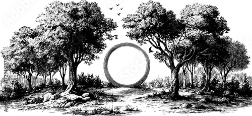 Engraved illustration of a magical glowing ring in mystical forest setting