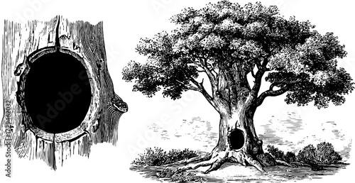Enchanted forest: vintage engraving of magical tree with hollow