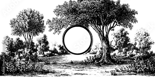 Enchanted forest scene with glowing magical ring in vintage engraved style