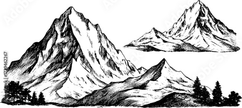 Mountain topography set: hand drawn engraved illustrations for retro design and art