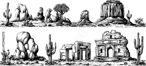 Mystical desert landscapes with cactus and ruins - hand drawn engraving for retro design