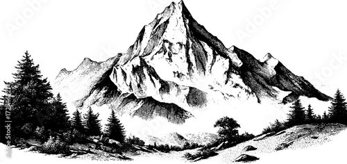 Vintage engraved mountain landscape illustration for nature design and decor