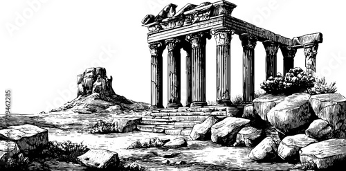 Ancient desert ruins with mystical temple columns in hand engraving art for design and decor