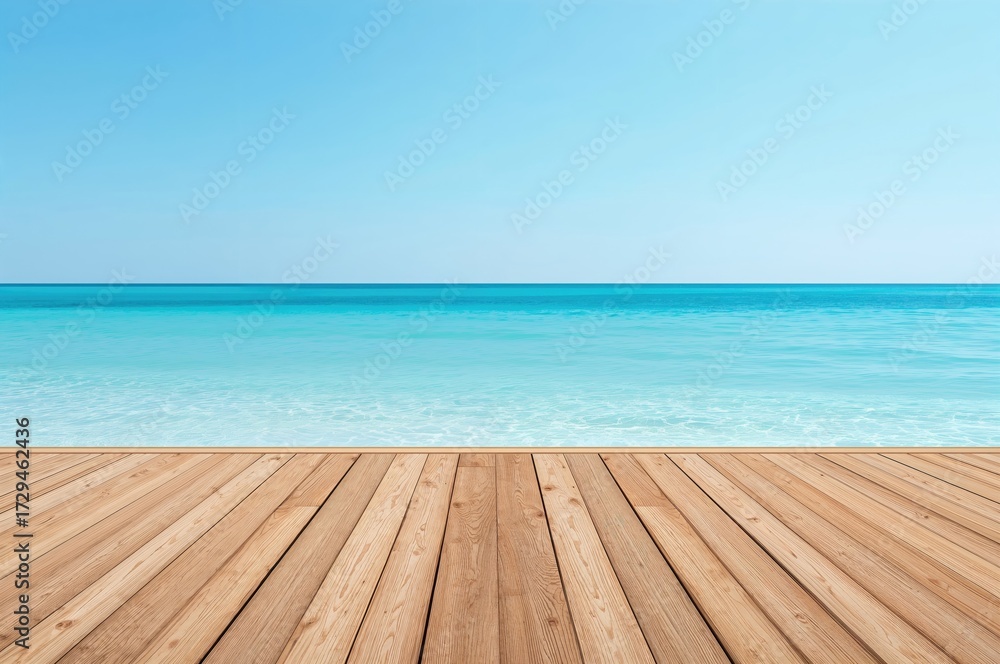 Fototapeta premium Stunning hardwood flooring with ocean and sky backdrop in shades of blue