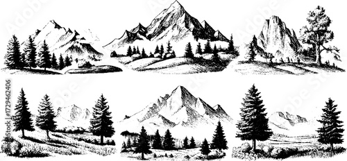 Enchanting mythical landscapes set in vintage engraved style for creative design