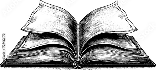 Vintage engraved illustration of open book with blank pages for crafting and design