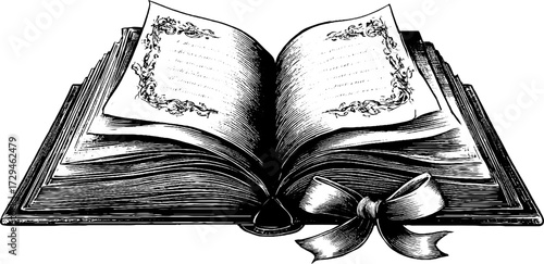 Vintage engraved illustration of an open book with a ribbon bookmark, classic literary design in ornate style.
