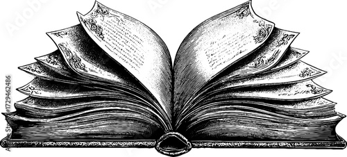 Vintage engraved illustration of open book with blank pages for artistic design and decoration