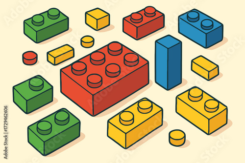 Colorful building blocks and construction toys scattered on a light background