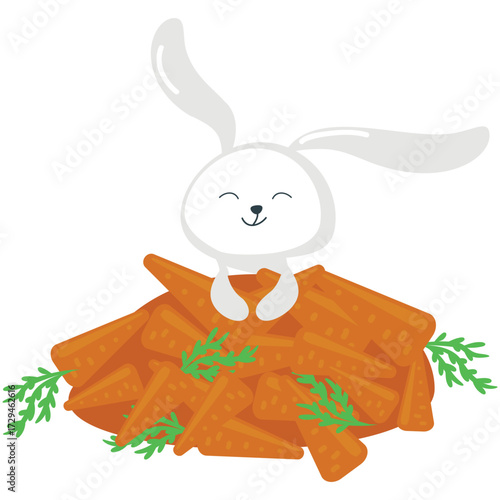 Rabbit and carrot. Bunny vector. Cute easter happy cartoon hare illustration. Animal character with autumn harvest of sweet vegetable flat icon isolated on white background