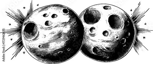 Vintage engraved illustration set of planets with craters for retro design