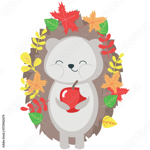 Hedgehog and apple. Cartoon cute animal eating fruit vector illustration. Funny happy little forest spiked character flat icon isolated on white background