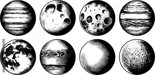 Vintage engraved illustration set of planets with craters and textured surfaces for retro design