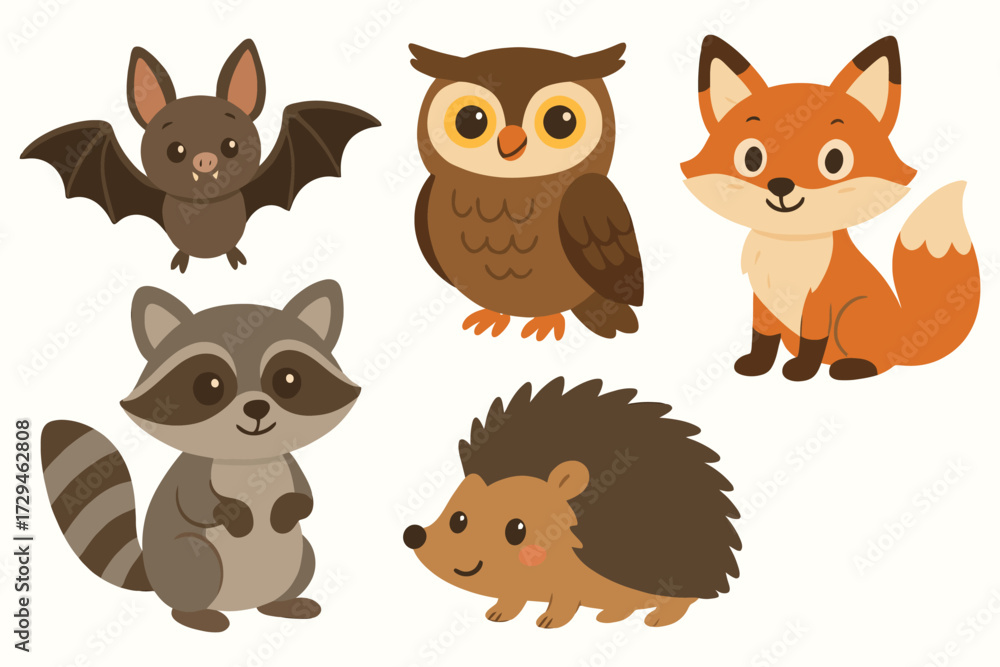 Fototapeta premium Cute cartoon forest animals including a bat owl fox raccoon and hedgehog