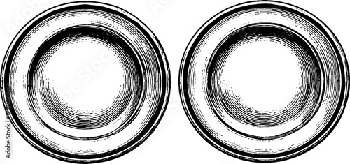 Vintage engraved illustration set of round ceramic plates for retro design projects