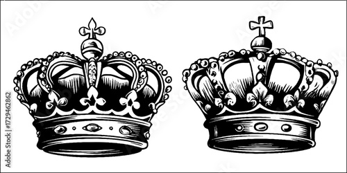 Vintage engraved illustration set of royal crowns for design and decoration