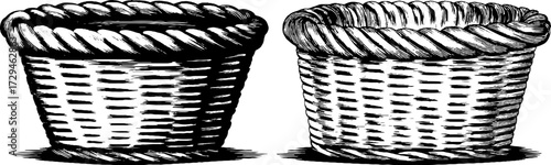Vintage engraved illustration set of round woven baskets for design and decor