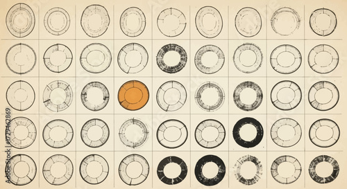 A Gridded Arrangement of Circular Shapes Displays Varying Textures and Patterns Across Several Rows and Columns Highlighting Differences in Design