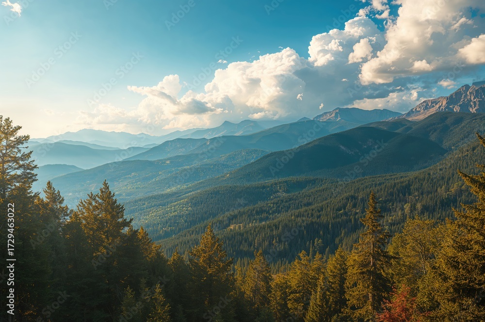 Obraz premium Scenic mountain range blanketed by lush greenery under a clear summer sky