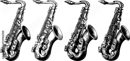Vintage saxophone engraving set – hand drawn musical instrument illustration for retro design