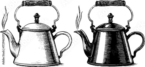 Vintage engraved illustration of samovar style kettle set for retro design and decor