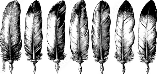 Vintage quill pen silhouette set for retro design and art projects