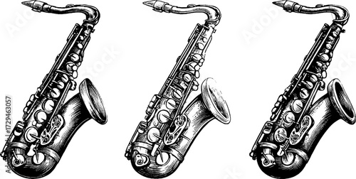 Vintage engraved illustration set of saxophones for musical art and design