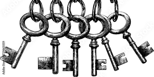 Vintage engraved illustration of skeleton keys - retro black silhouette for design and decor