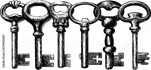 Vintage engraved illustration of skeleton keys set for retro design and decor