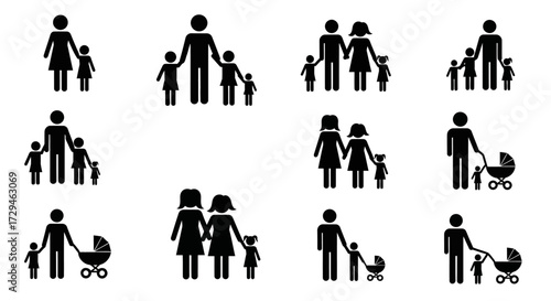 Diverse Family Groupings Showing Parents and Children in Various Configurations and Activities With Strollers Representing Different Stages of Parenthood and Family Life