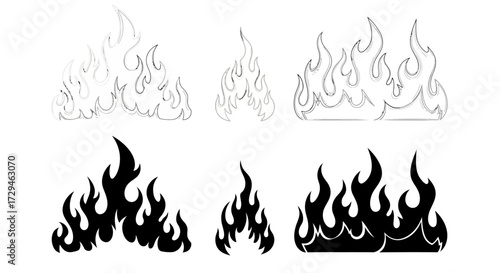 Illustrations of Flames in Outline and Silhouette Styles for Graphic Design Projects and Artistic Creations