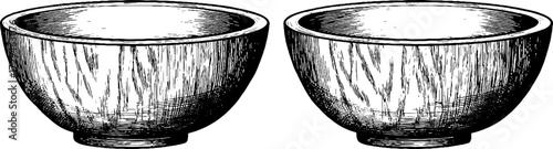 Vintage engraved illustration of wooden bowls, rustic artisanal kitchen design with classic handmade elegance.
