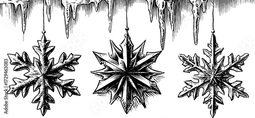 Vintage snowflake and icicle hand-drawn engraved illustration for winter designs