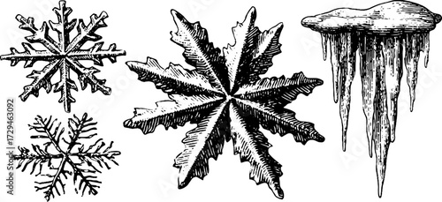 Vintage snowflakes and icicles illustration for winter design projects
