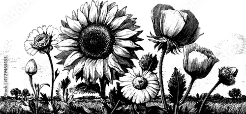 Vintage summer flowers engraving: sunflowers and blossoms for design and decoration