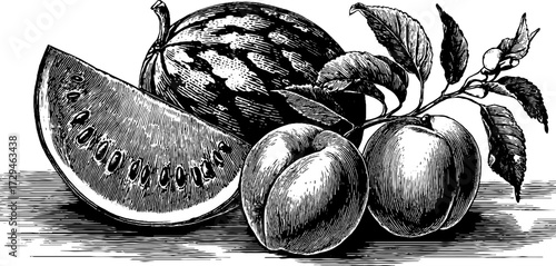 Vintage engraved illustration of summer fruits featuring watermelon, peaches, and branches