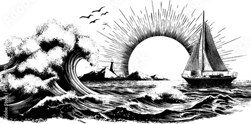 Summer holiday elements: vintage sailing and ocean waves in engraved art design