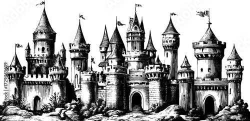 Medieval fantasy castle set engraving - vintage sketch for posters and cards